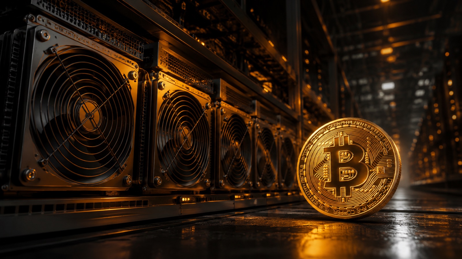 Майнинг-ферма: стойки ASIC-майнеров и монета биткоина