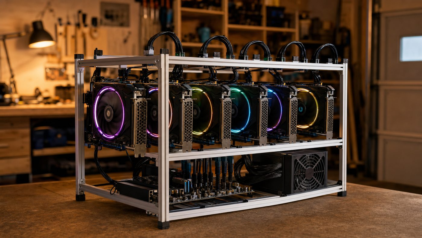 Классическая GPU-ферма: каркас, райзеры, 6 видеокарт (иллюстрация)