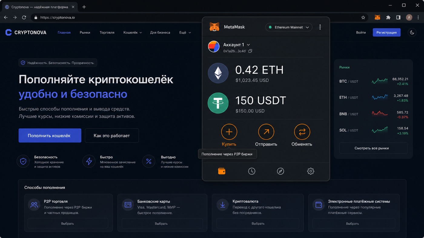 Пополнение MetaMask — иллюстрация интерфейса