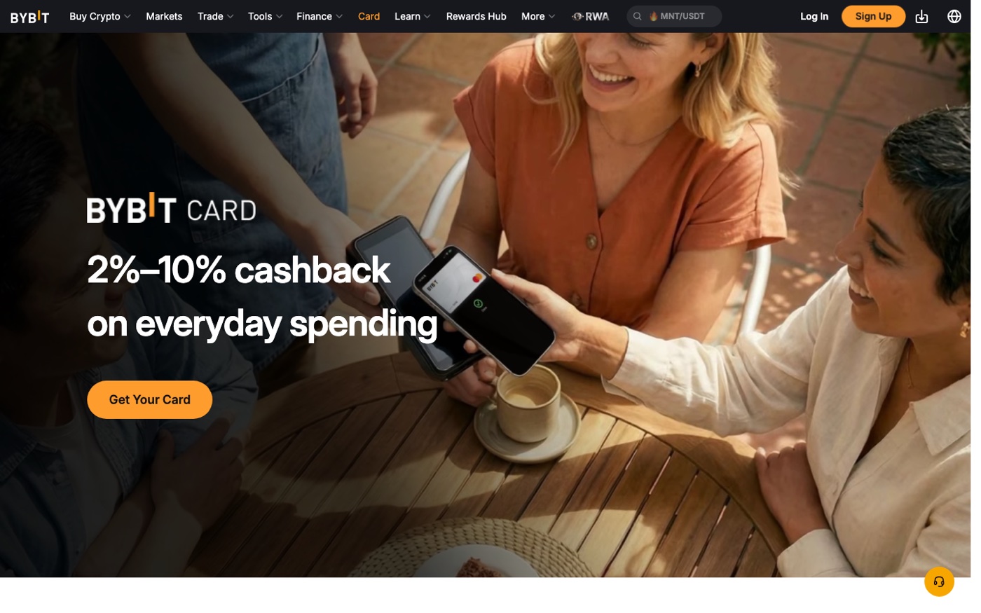 Страница Bybit Card на официальном сайте биржи: карта Bybit Mastercard с кешбэком. Скриншот: bybitglobal.com