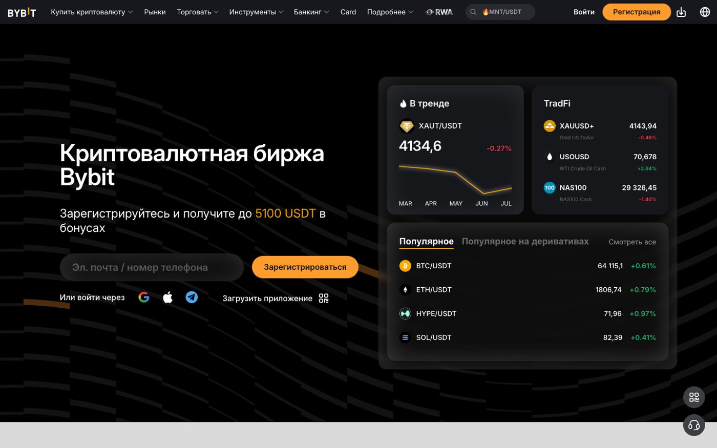 Главная страница биржи Bybit