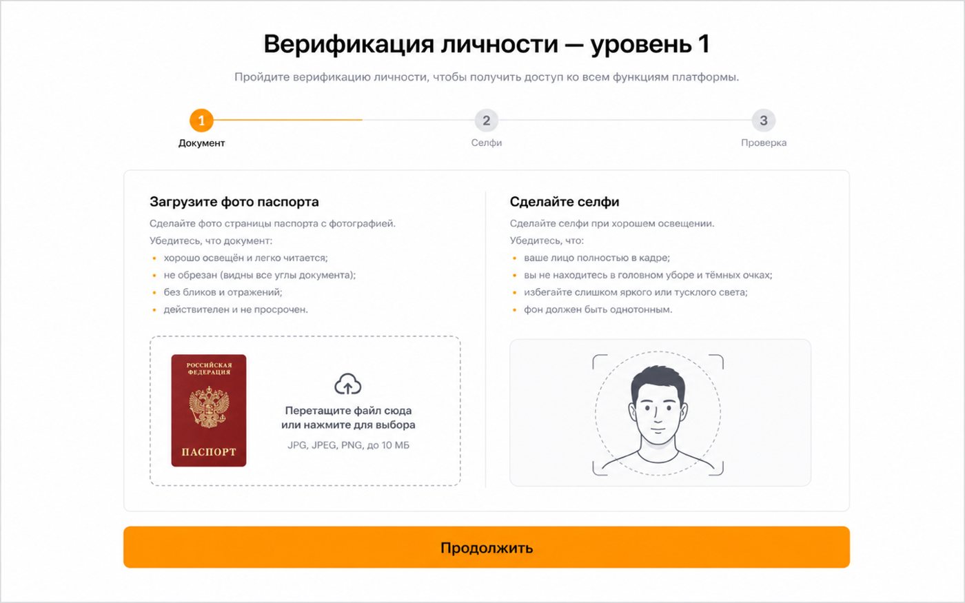 Экран верификации: загрузка паспорта и селфи, три шага — займёт 5–15 минут (иллюстрация интерфейса)