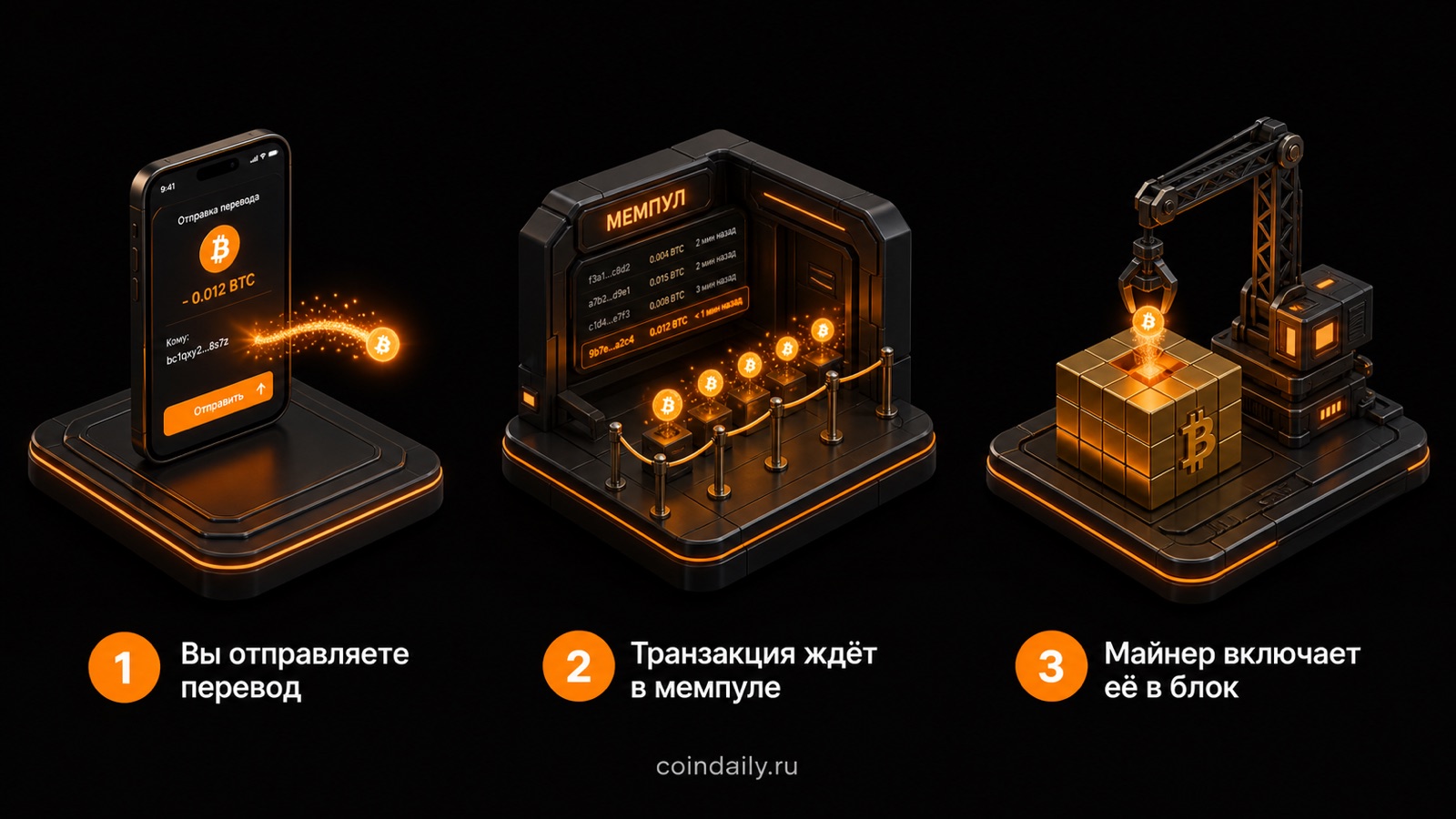 Путь транзакции: отправка → очередь в мемпуле → майнер включает в блок