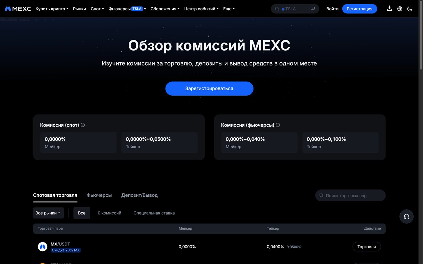 Официальная страница комиссий MEXC — скриншот настоящий
