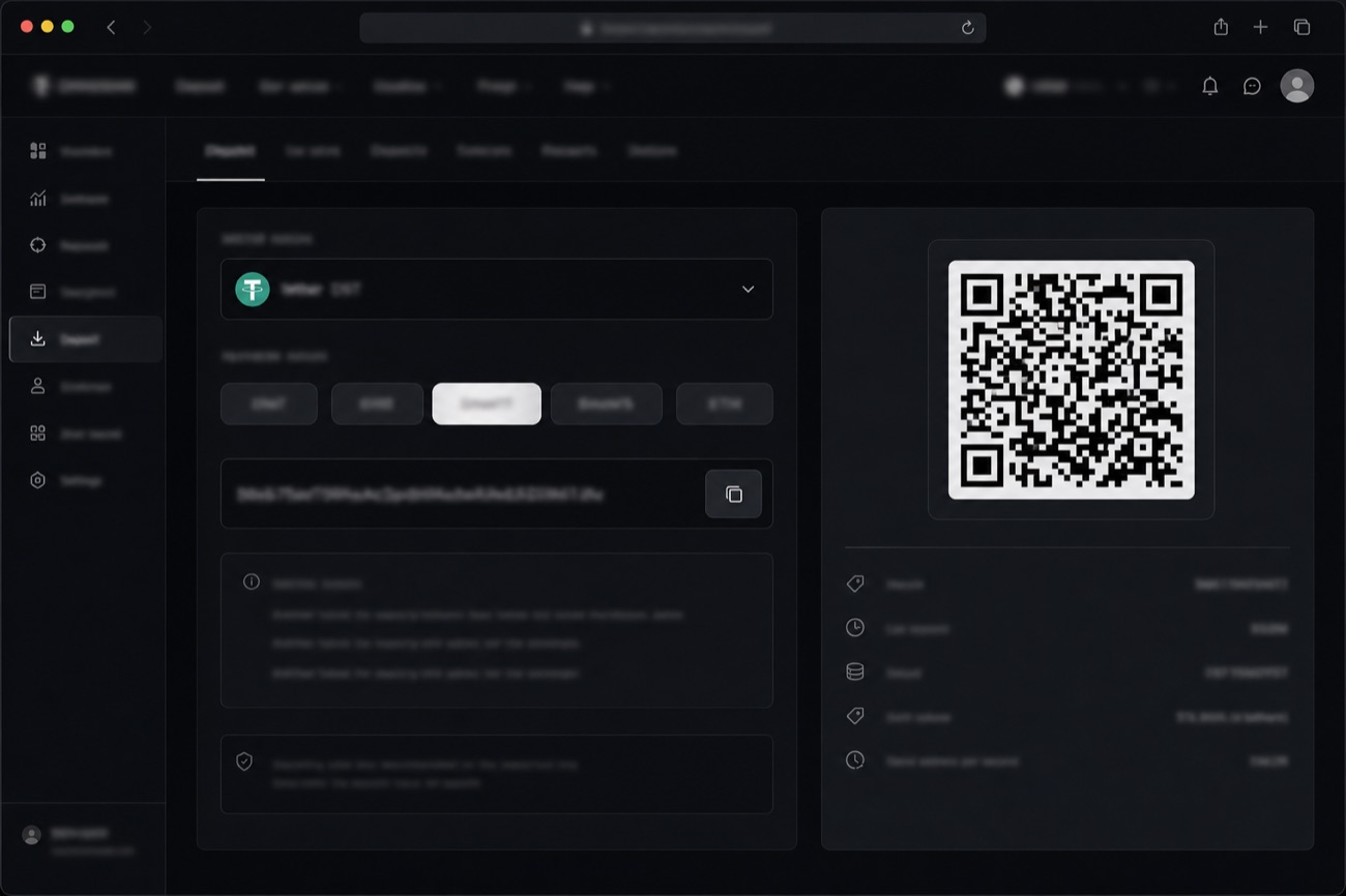 Так выглядит экран депозита: адрес с кнопкой копирования, выбор сети и QR-код